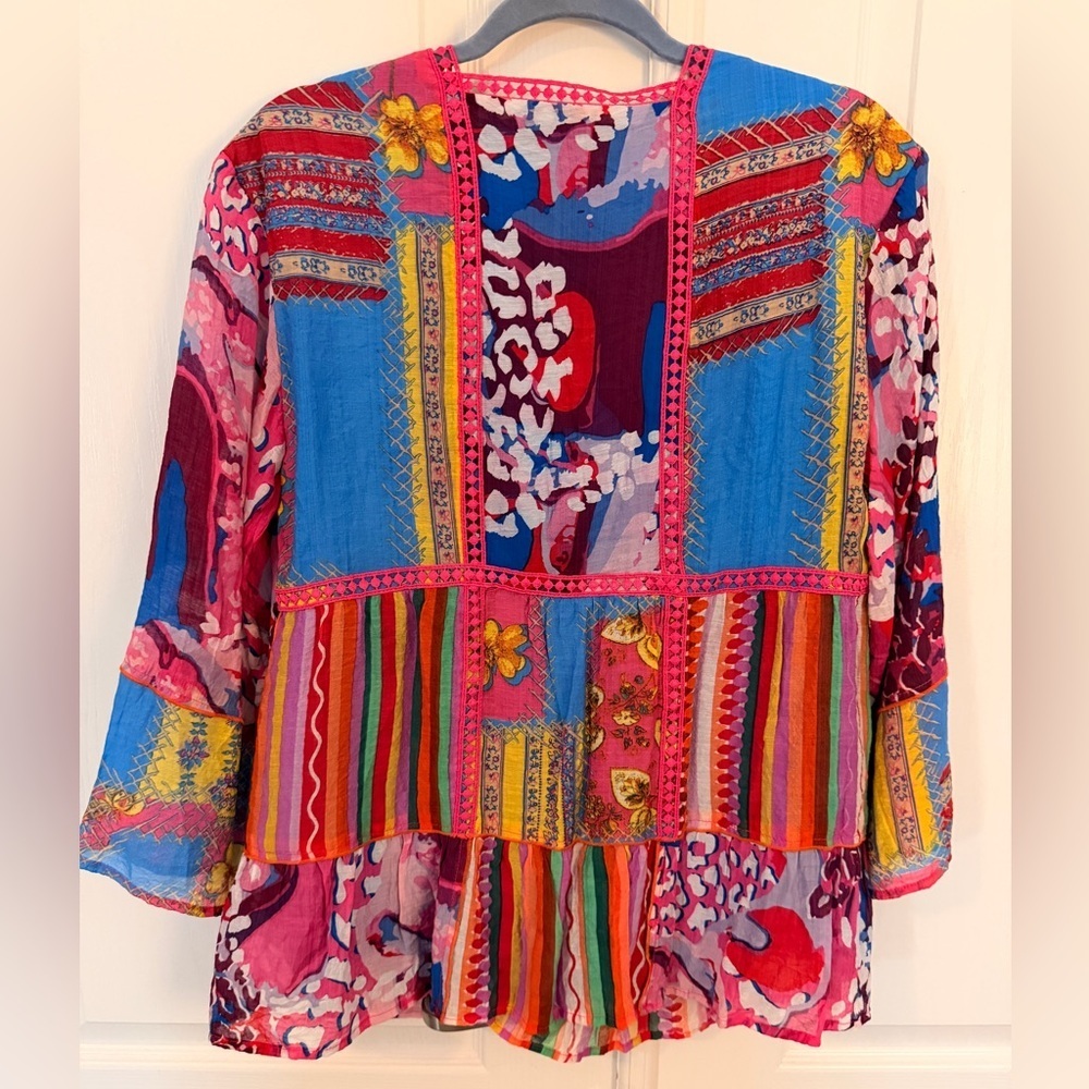 CALESSA S Fiesta Patchwork Print Boho Square-Neck 3/4 Bell Cuff Sleeve Blouse - Picture 7 of 13